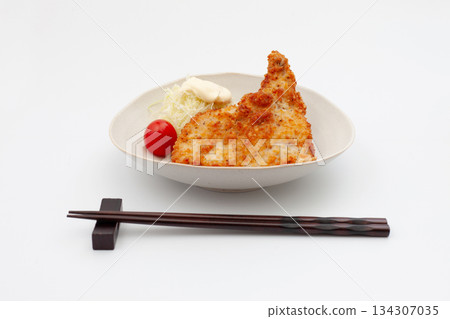Fried chicken on a plate isolated on white background 134307035