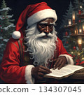 A sad Santa Claus crosses out the names of the children he won't be able to bring presents to. 134307045
