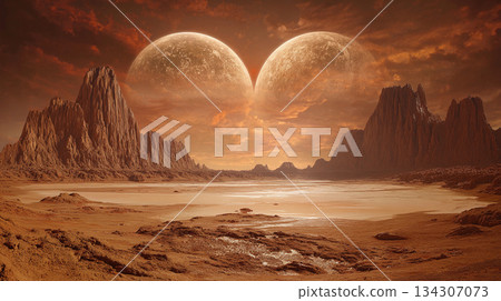 Bizarre rock formations on a planet surface with dual moons in the sky Generative AI 134307073
