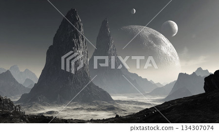 Bizarre rock formations on planet surface with two moons in the dark sky Generative AI Bizarre rock formations on planet surface with two moons in the dark sky Generative AI 134307074