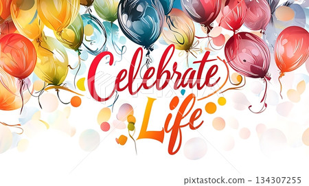 A colorful banner with balloons and the words "Celebrate Life" written in red 134307255