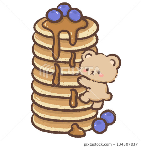 Cute kawaii teddy bear climbing on a stack of pancakes with blueberries pastel dessert illustration sweet playful character for bakery clipart and stickers 134307837