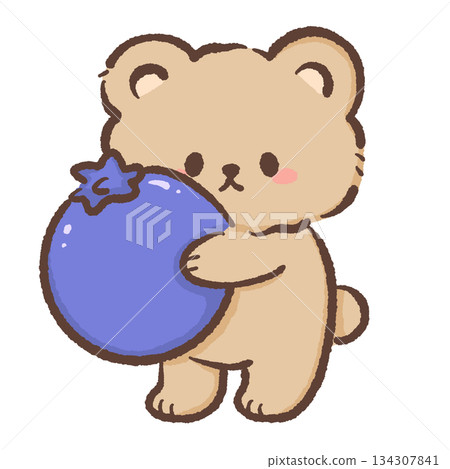 Cute kawaii teddy bear hugging giant blueberry soft pastel dessert illustration sweet bakery character perfect for stickers clipart prints nursery decor 134307841