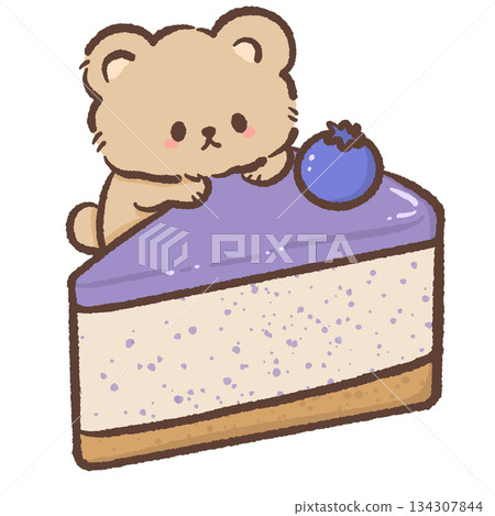 Kawaii teddy bear leaning on blueberry cheesecake cute dessert illustration soft pastel bakery style sweet bear character for stickers clipart 134307844