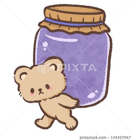 Kawaii teddy bear carrying blueberry jam jar cute food illustration pastel dessert style adorable bear character for stickers prints clipart 134307847