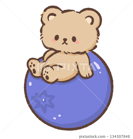 Adorable kawaii teddy bear relaxing on giant blueberry pastel dessert illustration cozy cute character for clipart stickers kids designs 134307848