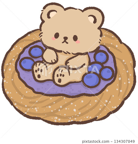 Kawaii teddy bear sitting in blueberry tart cute dessert illustration pastel bakery style sweet food art adorable bear character for stickers clipart 134307849