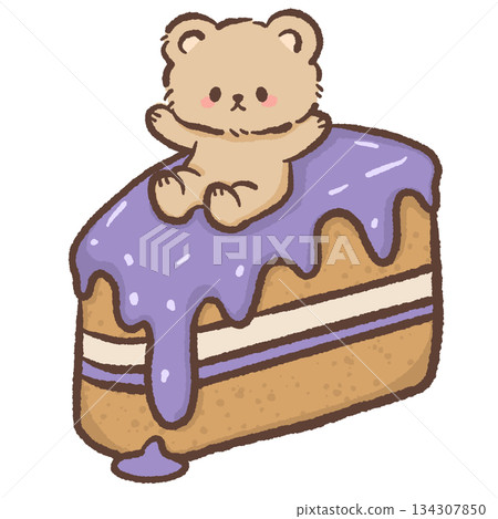 Kawaii teddy bear sitting on purple icing cake cute pastel dessert illustration sweet bakery style adorable bear character for stickers prints clipart 134307850