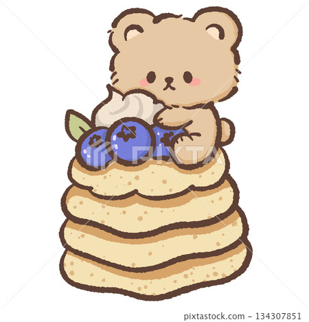 Kawaii teddy bear with blueberry pancake stack cute breakfast dessert illustration soft pastel food art adorable bear character for stickers clipart  134307851