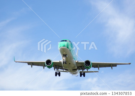 一架客機準備降落的正面照片，背景是藍天。 134307853