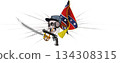 Evil emotional Confederate skull with Confederate flag, revolver and saber on grunge background 134308315