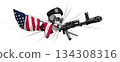 An angry, emotional warrior skull in a beret with a US flag and an AK in the background. 134308316