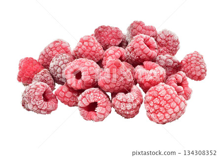 A pile of frozen raspberries. 134308352