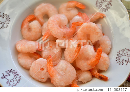 A plate of shrimp. Top view. A plate of shrimp. Top view. 134308357