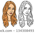 Set of female portraits, color and black outline, young woman illustration 134308493