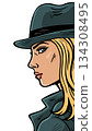 Female secret agent detective in hat, comic style portrait illustration 134308495