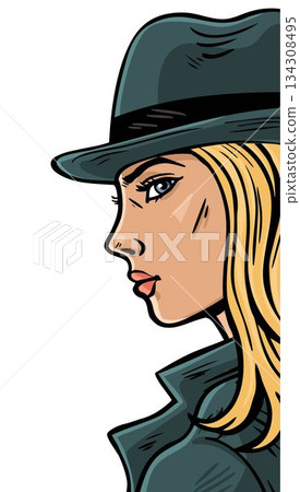 Female secret agent detective in hat, comic style portrait illustration Female secret agent detective in hat, comic style portrait illustration 134308495