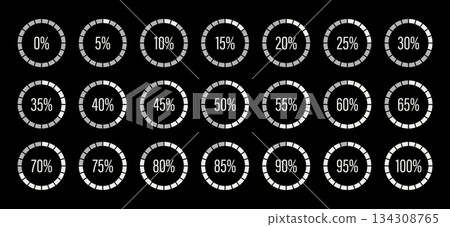 Template of white color of the year and gray color fill pie charts indicator. Round graph loading progress set. Blue progress bars. Circle diagrams icons from 100 to 0 percent. Round percentage Template of white color of the year and gray color fill pie charts indicator. Round graph loading progress set. Blue progress bars. Circle diagrams icons from 100 to 0 percent. Round percentage 134308765