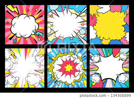 Pop art style American comic book explosion background set of 6 Pop art style American comic book explosion background set of 6 134308899