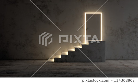 Illuminated Door Atop Stepped Platform Symbolizing Progress, Opportunity, and a New Level of Change 134308902