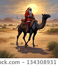 A lone black Santa Claus rides a dromedary across the desert. 134308931