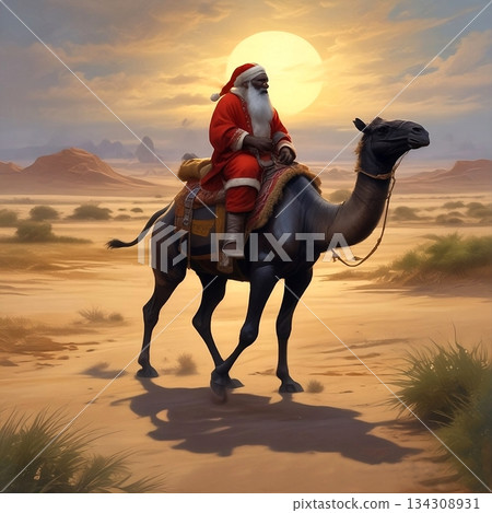 A lone black Santa Claus rides a dromedary across the desert. A lone black Santa Claus rides a dromedary across the desert. 134308931