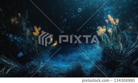 Deep Sea Scene With Bioluminescent Creatures In Dark Deep Sea Scene With Bioluminescent Creatures In Dark 134308980