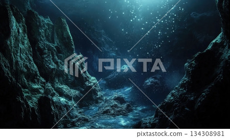 Deep Sea Scene With Bioluminescent Creatures In Dark 134308981