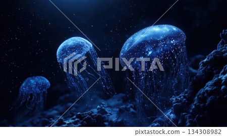 Deep Sea Scene With Bioluminescent Creatures In Dark 134308982