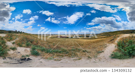 360 panorama of serene landscape with dry grass and distant city skyline 360 panorama of serene landscape with dry grass and distant city skyline 134309132