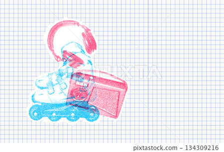 Risograph Print with Photocopy Effect Featuring a Roller Skate, Headphones, and Radio on graph paper 134309216