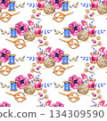 Seamless watercolor pattern featuring needlework elements with pink anemone flowers, spools of thread, yarn balls, scissors, buttons, and vintage keys. Hand painted craft illustration for creative 134309590