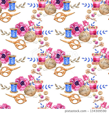 Seamless watercolor pattern featuring needlework elements with pink anemone flowers, spools of thread, yarn balls, scissors, buttons, and vintage keys. Hand painted craft illustration for creative Seamless watercolor pattern featuring needlework elements with pink anemone flowers, spools of thread, yarn balls, scissors, buttons, and vintage keys. Hand painted craft illustration for creative 134309590