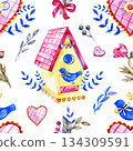 Seamless watercolor pattern with a cute birdhouse, blue birds, hearts, ribbons, and delicate botanical elements. Romantic spring illustration with cozy handmade style, perfect for decorative and 134309591