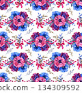Hand painted watercolor seamless pattern with expressive anemone flowers in pink, blue and purple tones, decorated with ribbons, berries and delicate foliage. Elegant floral design for textiles 134309592