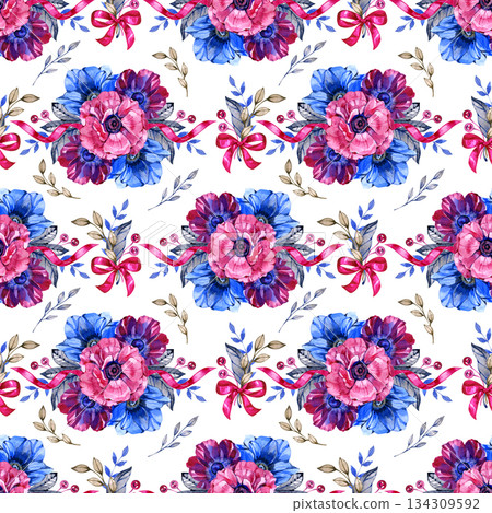 Hand painted watercolor seamless pattern with expressive anemone flowers in pink, blue and purple tones, decorated with ribbons, berries and delicate foliage. Elegant floral design for textiles Hand painted watercolor seamless pattern with expressive anemone flowers in pink, blue and purple tones, decorated with ribbons, berries and delicate foliage. Elegant floral design for textiles 134309592