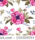 Hand painted watercolor seamless pattern with blooming pink anemone flowers, buds, berries, and elegant foliage. Romantic floral design for textiles, wallpaper, stationery, gift wrap, and modern 134309593