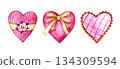 Hand painted watercolor heart shaped gift cookies with ribbons and decorative details. Sweet romantic symbols for Valentine s Day designs, love themed cards, invitations, packaging, stickers, and 134309594