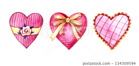 Hand painted watercolor heart shaped gift cookies with ribbons and decorative details. Sweet romantic symbols for Valentine s Day designs, love themed cards, invitations, packaging, stickers, and 134309594