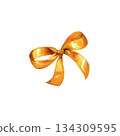 Hand painted watercolor golden ribbon bow with soft flowing folds and warm tones. Elegant decorative element for festive designs, invitations, packaging, greeting cards, branding, and holiday 134309595
