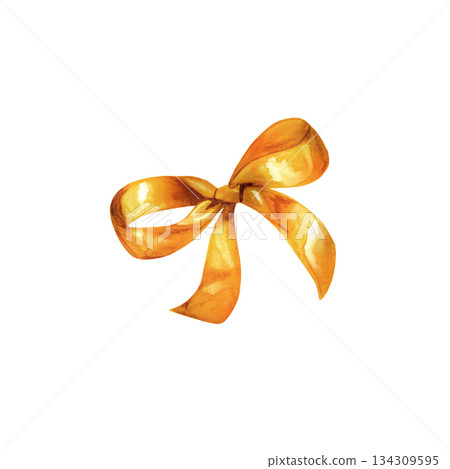 Hand painted watercolor golden ribbon bow with soft flowing folds and warm tones. Elegant decorative element for festive designs, invitations, packaging, greeting cards, branding, and holiday Hand painted watercolor golden ribbon bow with soft flowing folds and warm tones. Elegant decorative element for festive designs, invitations, packaging, greeting cards, branding, and holiday 134309595