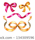 Watercolor ribbon set with decorative bows and flowing ribbons in warm golden and pink tones. Elegant hand painted elements for invitations, gift wrapping, branding, wedding design, holidays, patterns 134309596