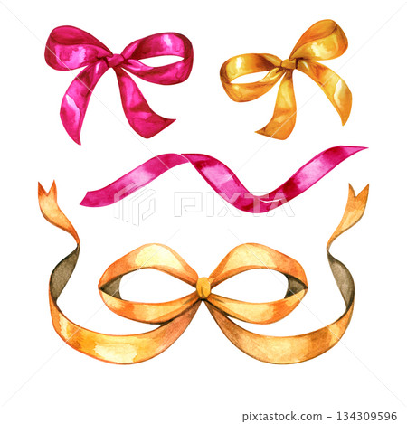Watercolor ribbon set with decorative bows and flowing ribbons in warm golden and pink tones. Elegant hand painted elements for invitations, gift wrapping, branding, wedding design, holidays, patterns Watercolor ribbon set with decorative bows and flowing ribbons in warm golden and pink tones. Elegant hand painted elements for invitations, gift wrapping, branding, wedding design, holidays, patterns 134309596
