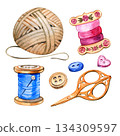 Watercolor needlework and sewing set with yarn ball, thread spools, scissors, buttons and heart details. Cozy handmade illustration for craft projects, textile design, hobby themes, packaging 134309597