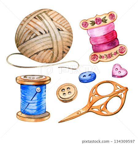 Watercolor needlework and sewing set with yarn ball, thread spools, scissors, buttons and heart details. Cozy handmade illustration for craft projects, textile design, hobby themes, packaging 134309597