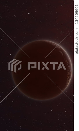 A dark red planet lit by a subtle rim light, floating against a star-filled cosmic background A dark red planet lit by a subtle rim light, floating against a star-filled cosmic background 134309601