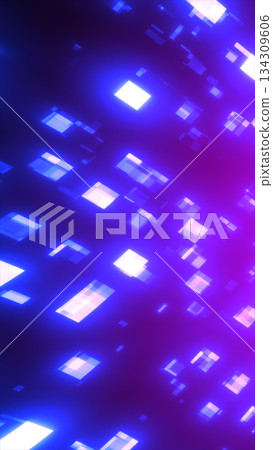 Abstract geometric blocks glowing in vivid blue and purple tones, representing futuristic data flow 134309606