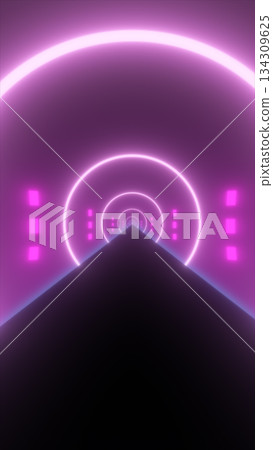 Futuristic glowing tunnel with neon pink rings and geometric light symmetry in perspective view 134309625