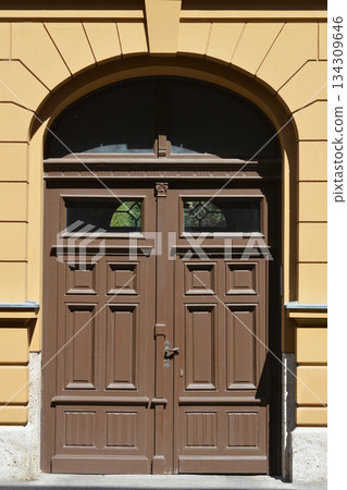 Grand Arched Wooden Door 134309646