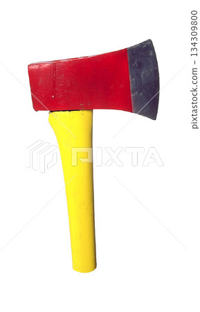 A realistic image of an axe with a yellow handle and a red head with a silver blade A realistic image of an axe with a yellow handle and a red head with a silver blade 134309800